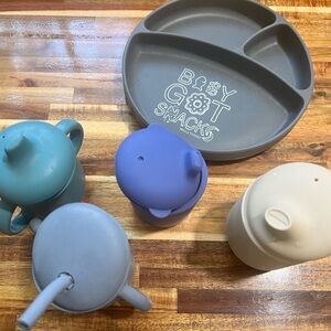5 Mushie And Catii And Unbranded Children’s Silicone Cups And Plate Blue